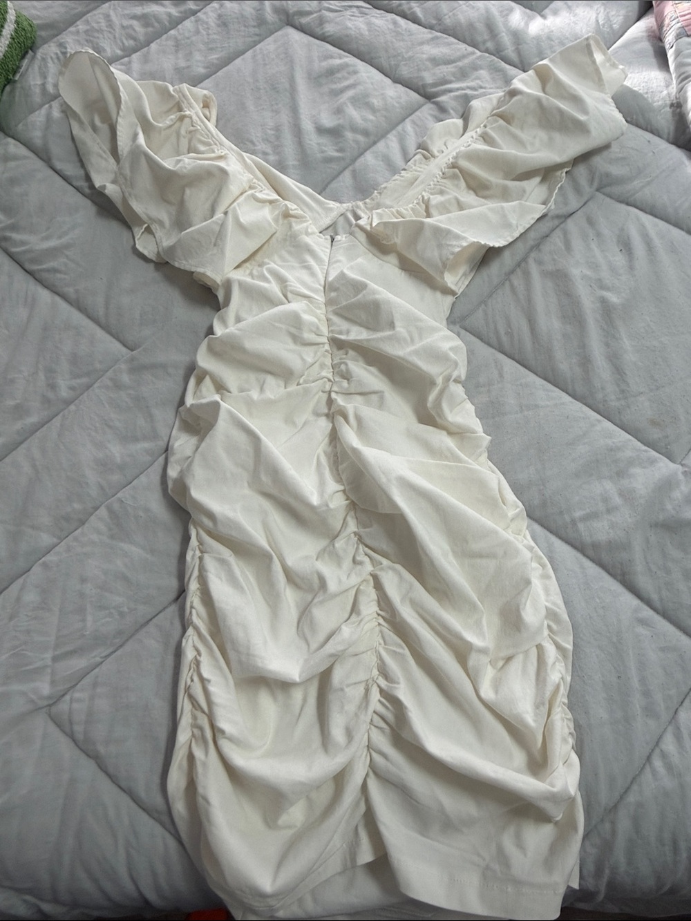 White/Cream Ruffle Sleeve Ruched Mini Dress - Picture 6 of 6